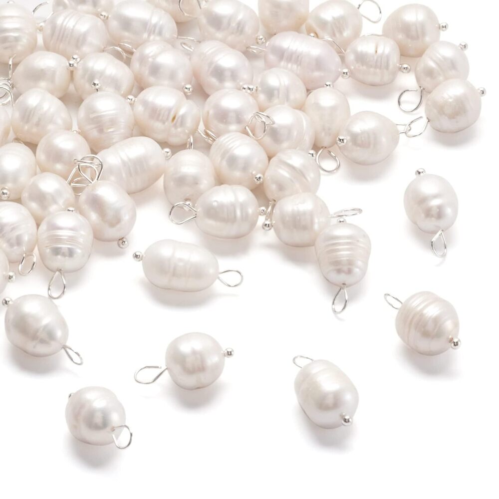 6286 50Pcs Freshwater Pearl Pendants with Brass Loops White Natural Pearl